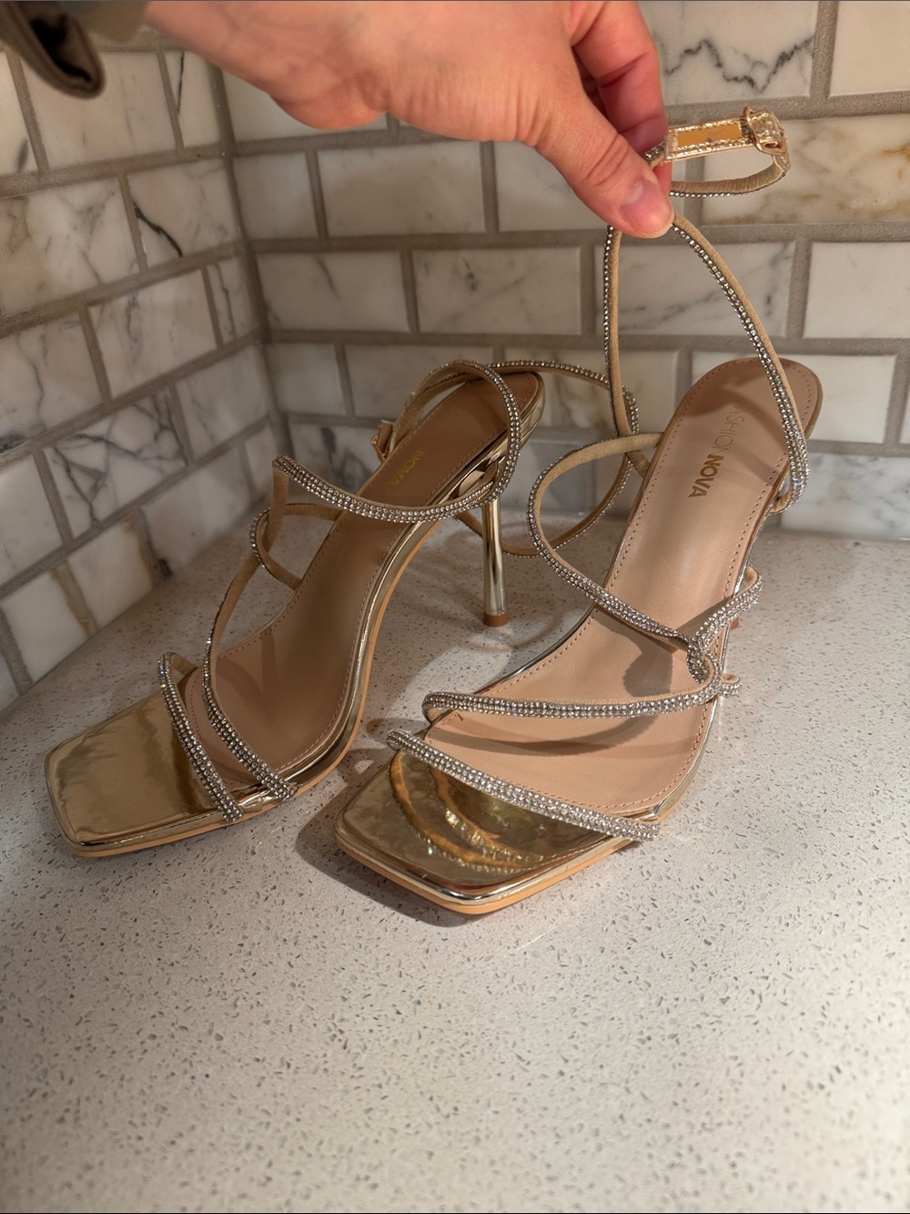 Fashion Nova Gold Rhinestone Strappy Heels